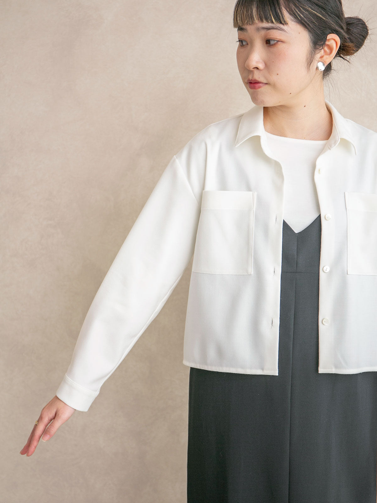 【新品タグなし】洗える美人なウールシャツ boutique310 ウールブレンドショートシャツ/ダスティブルー｜低身長さん・小柄女性