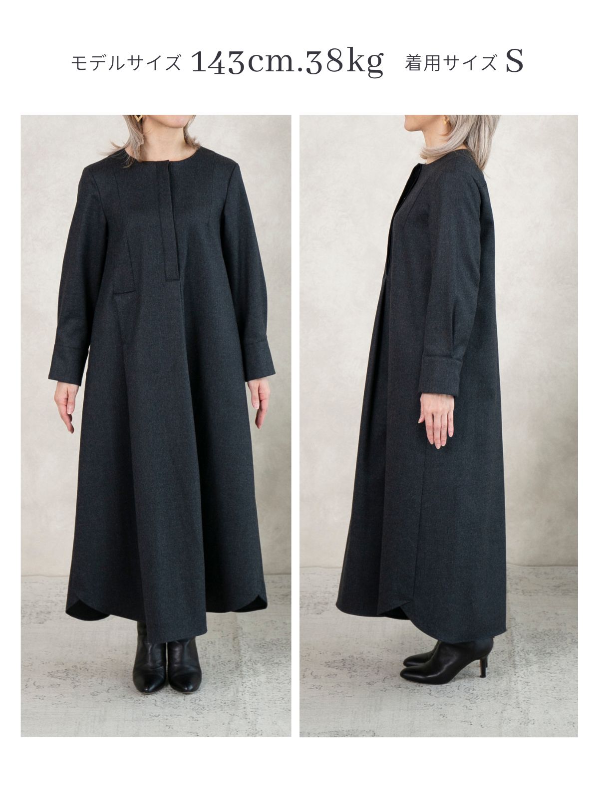 ウールフラノフロントタックワンピース/チャコール｜低身長さん・小柄