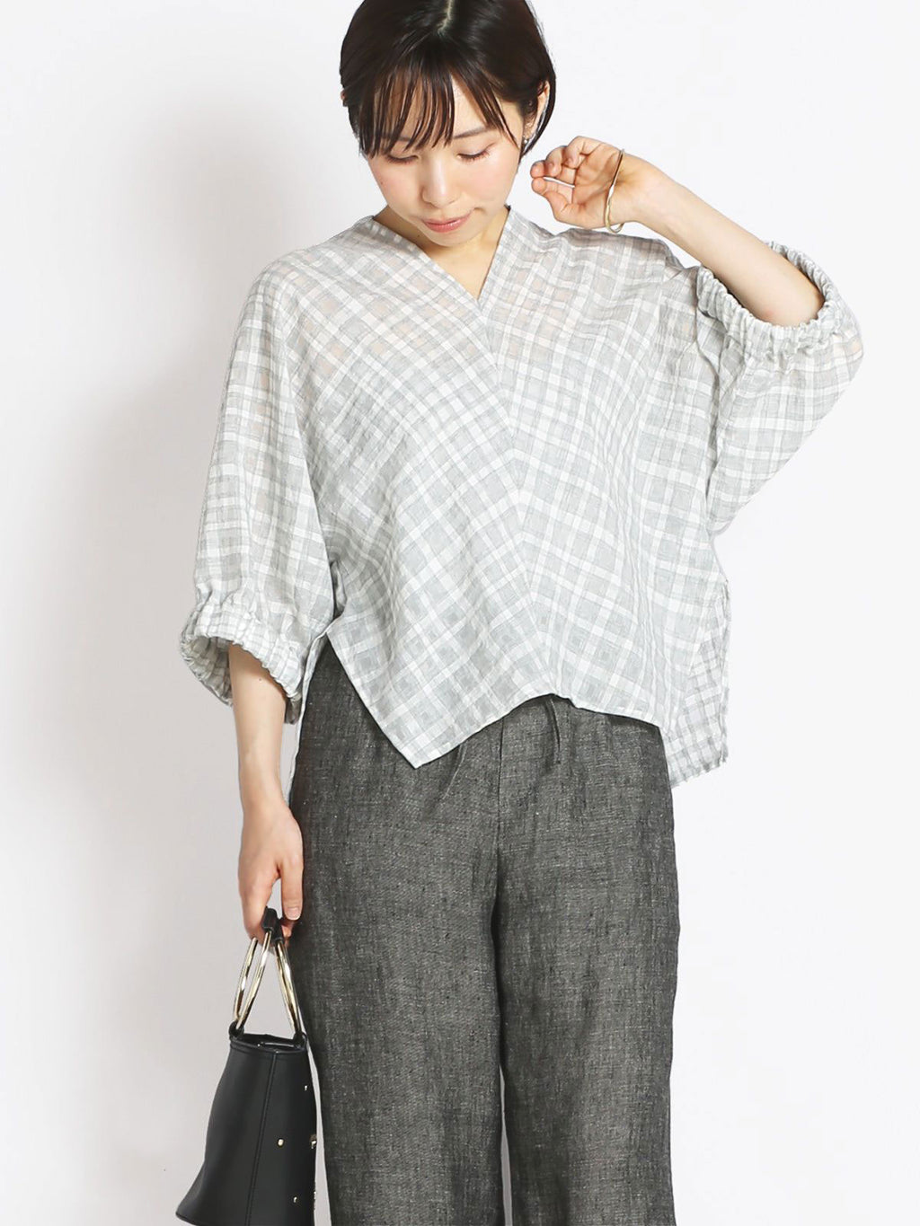 Katie Closet ギンガムチェック総柄刺繍キャミ半袖トップス