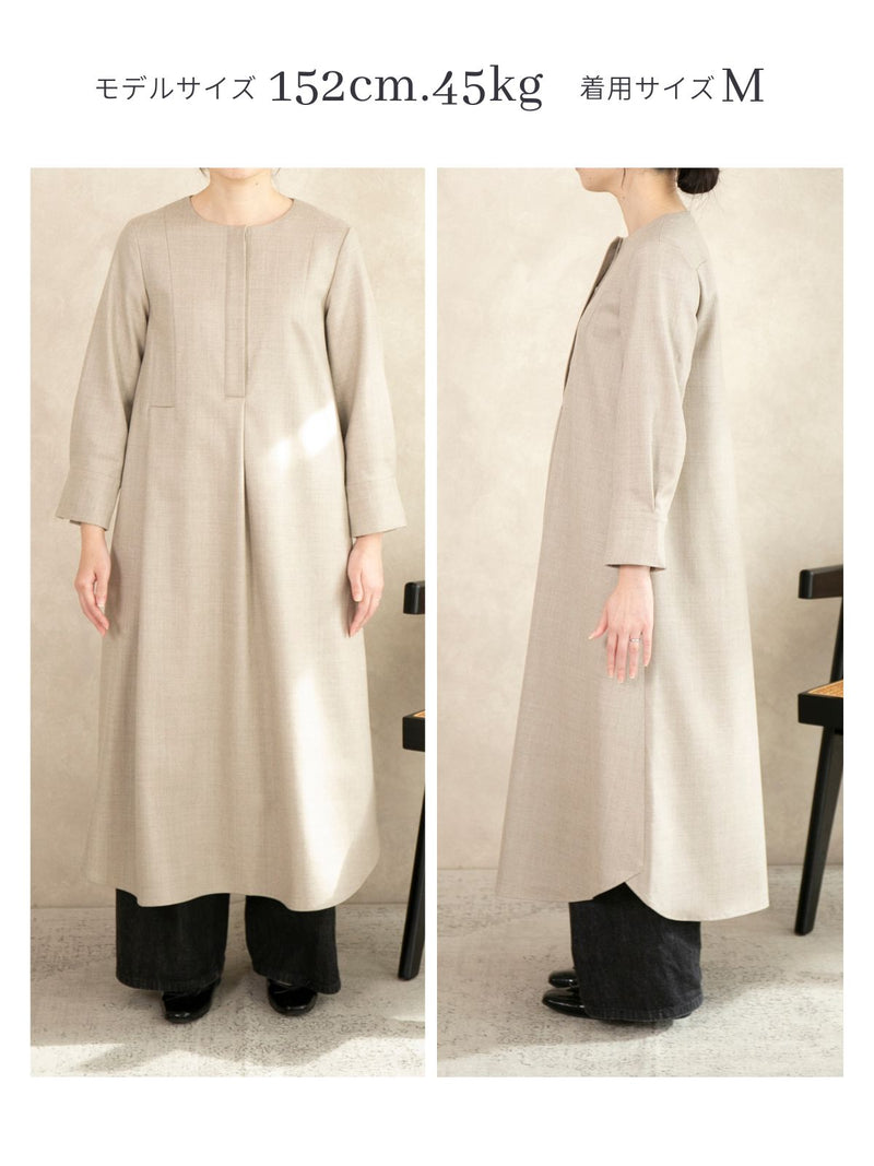 【12月新作】ウールフラノフロントタックワンピース/チャコール