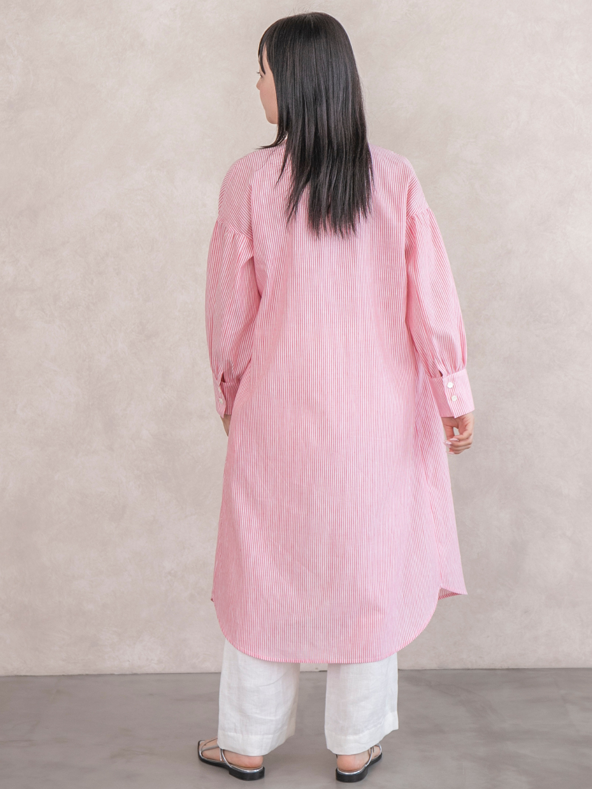 マリナリナルディ 新品 ロングシャツワンピース ストライプピンク 50 綿麻ストライプラウンドシャツワンピース/ピンク｜低身長さん・小柄