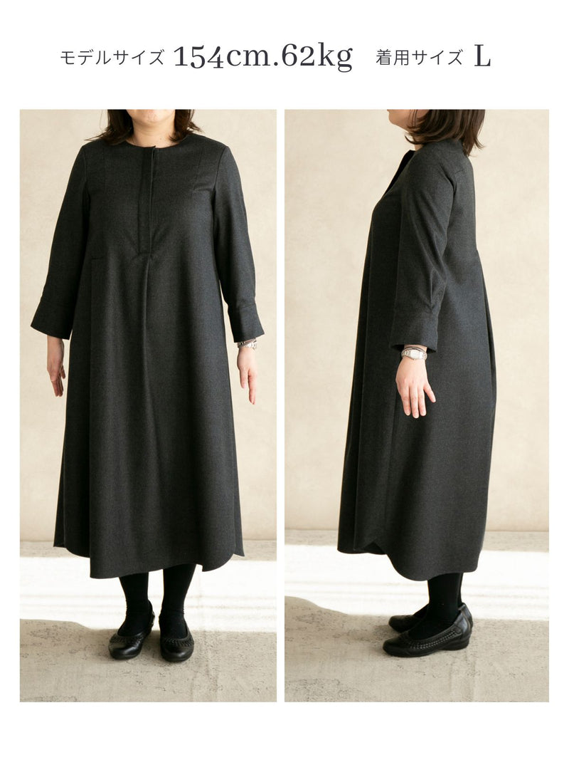 【12月新作】ウールフラノフロントタックワンピース/チャコール