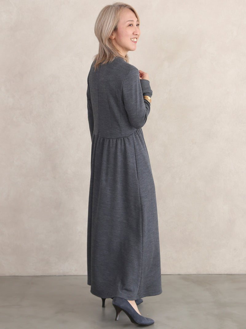 【11月新作】ウールスムースギャザーワンピース/グレー
