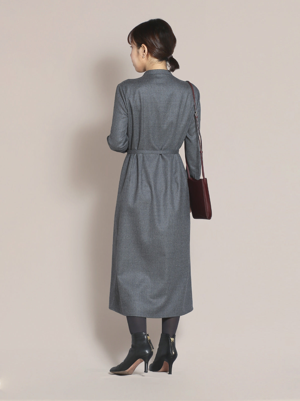 45R ギマツイード ノーカラーコート ダークブラウン モカ ロングワンピース ハイカウントフラノシャツワンピース – Cobitto