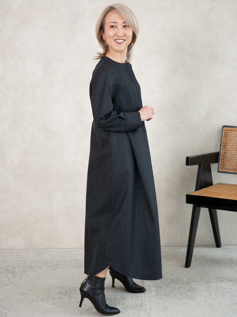 【12月新作】ウールフラノフロントタックワンピース/チャコール