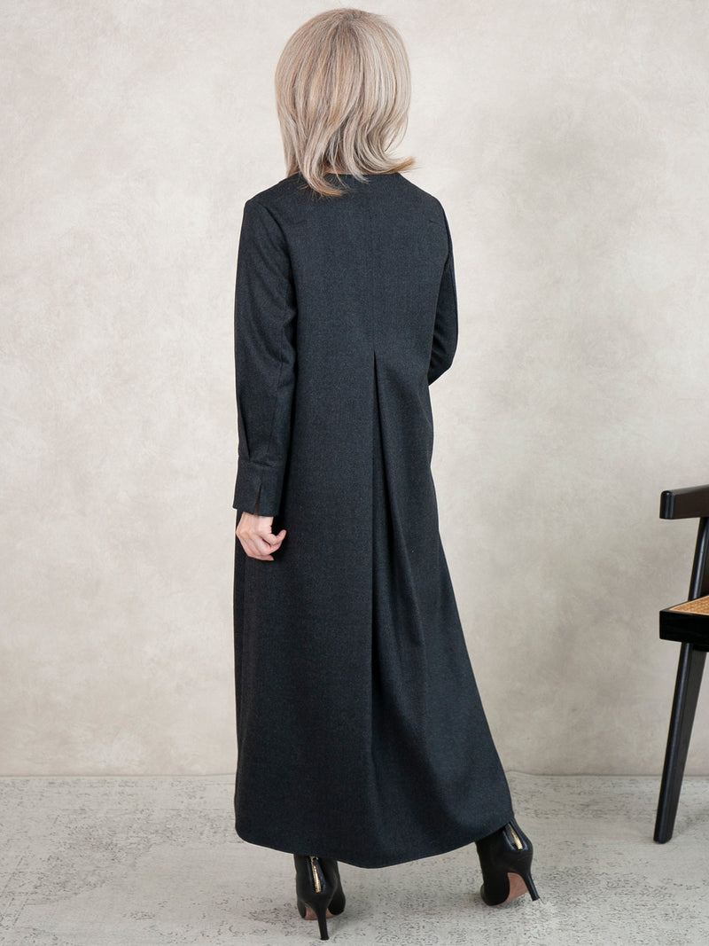 【12月新作】ウールフラノフロントタックワンピース/チャコール