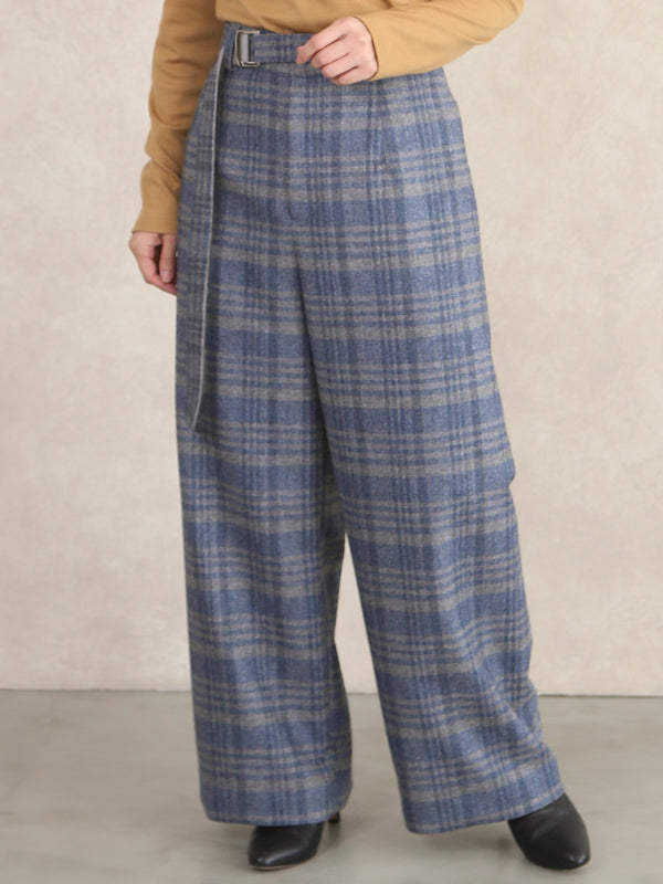 【11月新作】リサイクルウールワイドパンツ/グレー×ブルー